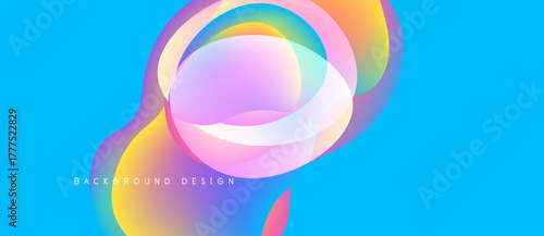 Abstract vibrant design features flowing shapes, gradients. Blue background enhances colorful, dynamic composition. Modern aesthetic.