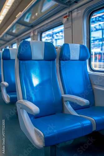 Modern train interior with rows of empty blue seats and windows showing passing scenery