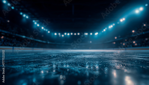 Empty ice hockey arena with bright blue stadium lights shining down
