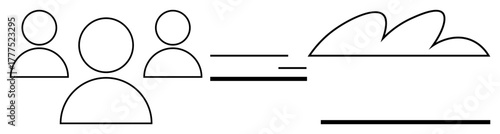 Three people represent teamwork interacting with lines directed towards a cloud, symbolizing data transfer, connectivity, and modern digital collaboration. Ideal for teamwork, communication