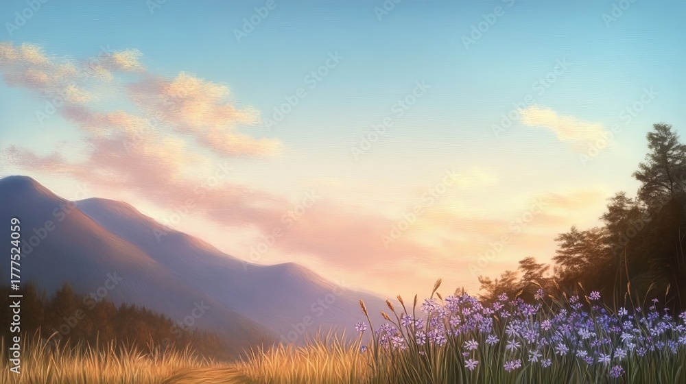Obraz premium Serene Pastel Sunset Over a Wildflower Meadow with Misty Mountains in the Background, Summer Vibes