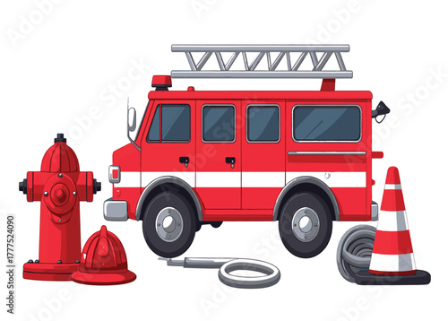 Red fire truck with ladder, fire hydrant, helmet, hose and cone on white background Keywords: fire truck, firetruck