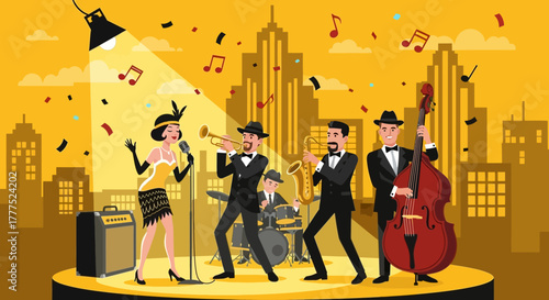 Jazz band performing on stage with singer and musicians in 1920s style.