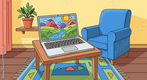 Laptop displaying a vibrant cartoon landscape on a wooden table.