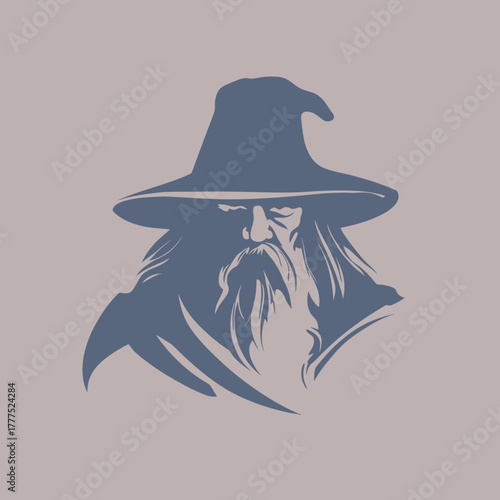 Mysterious Wizard Silhouette Head with Long Beard and Pointed Hat, Ancient Magician Character Illustration