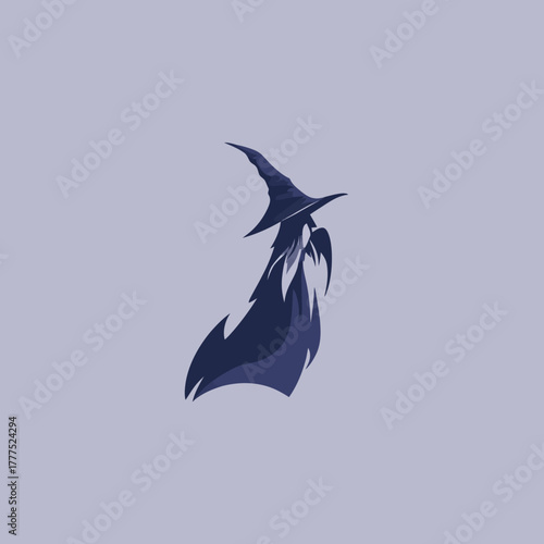 Abstract dark blue wizard silhouette, mystical fantasy character illustration with pointed hat, long beard, and flowing robes.