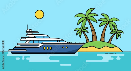 Luxury Yacht Moored Near a Tropical Island with Palm Trees.