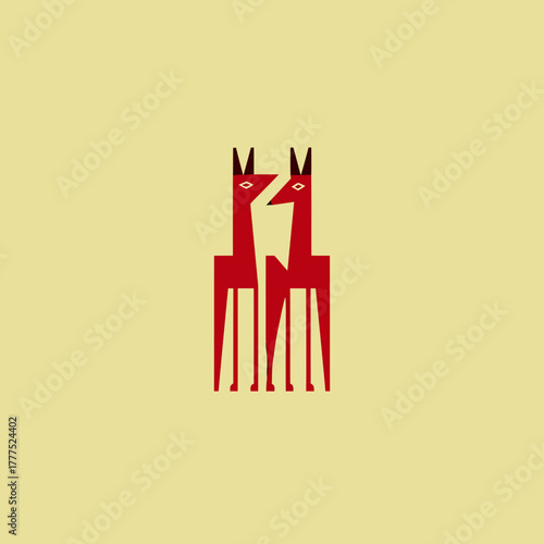 Minimalist geometric illustration of two stylized red deer-like animals facing each other, abstract fawn background