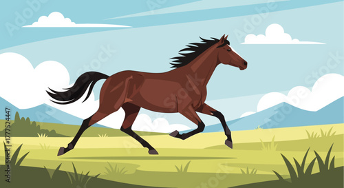Majestic brown horse galloping freely across an open field.