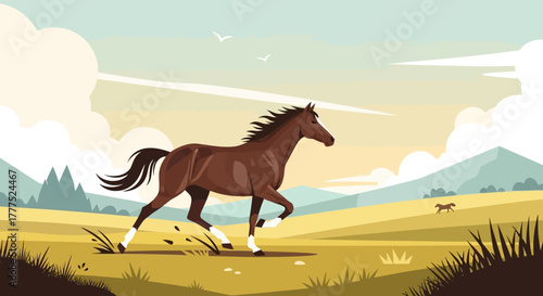 Majestic brown horse galloping gracefully across an open field.