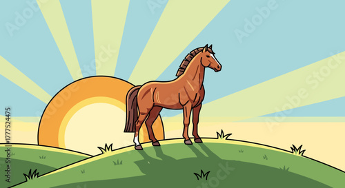 Majestic brown horse standing proudly on a grassy hill.
