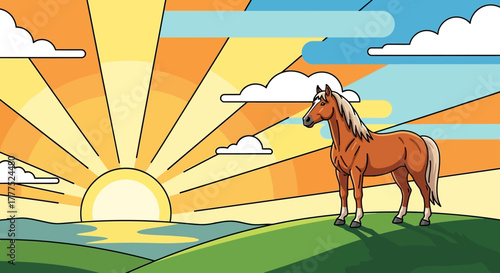 Majestic brown horse standing gracefully on a vibrant green hill.