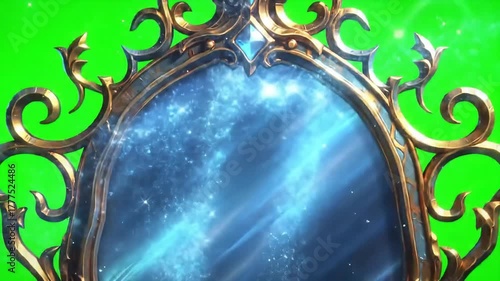 Enchanted Ornate Mirror with Shimmering Blue Magical Portal on Green Screen Mystical Fantasy Concept for VFX and Compositing.