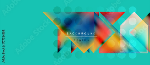 Abstract geometric shapes, vibrant colors, turquoise background. Modern design elements create dynamic visual composition.