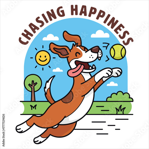 Happy dog chasing a ball in the park