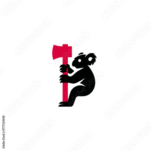 Black koala silhouette holding a red axe, isolated on white background. Cute cartoon animal graphic icon illustration.