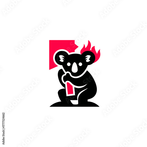 Koala Holding Burning Red Banner Vector Icon: Environmental Crisis, Wildlife Protection, Bushfire Awareness, Climate Change Impact