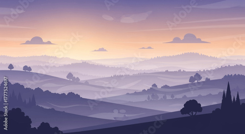 Misty Mountain Landscape at Sunset with Rolling Hills and Trees.