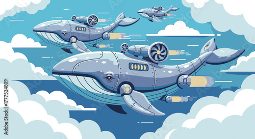 Futuristic mechanical whales with jet engines flying through the sky.