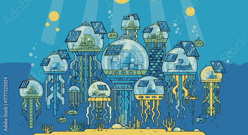 Futuristic underwater city with jellyfish-like structures.