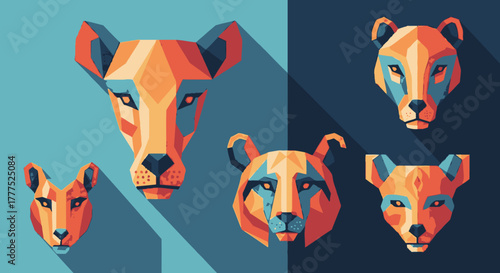 Geometric animal faces with vibrant colors and sharp lines.