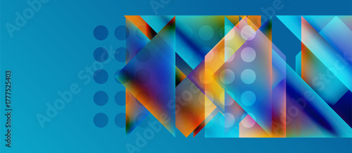 Abstract geometric design. Vibrant colors blend, creating dynamic shapes. Blue background contrasts warm tones. Modern, digital aesthetic.