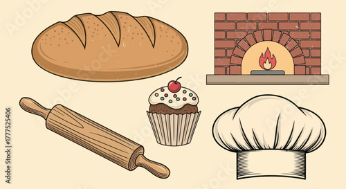 Bakery Items - Bread, Cupcake, Rolling Pin, Oven, and Chefs Hat.