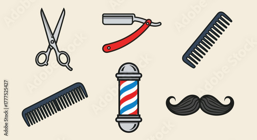 Barber shop tools and accessories for grooming and styling hair.