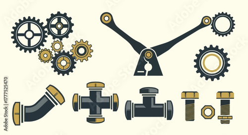 Mechanical gears and pipes illustration, industrial design elements, steampunk style.