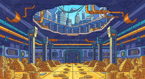 Grand underground vault filled with stacks of gold coins and ancient pillars.