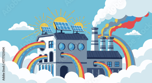 Industrial building with solar panels and colorful emissions.
