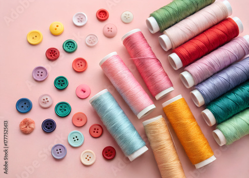 Colorful thread spools with buttons on pink background