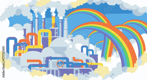 Industrial factory with colorful pipes and smokestacks emitting clouds and rainbows.