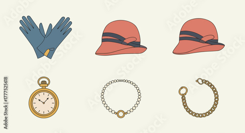 Vintage accessories collection featuring gloves hats pocket watch necklace and bracelet.