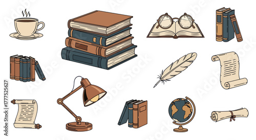 Collection of books, glasses, and other reading related objects.