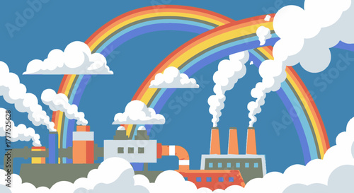 Industrial factories with smoking chimneys under a vibrant rainbow.