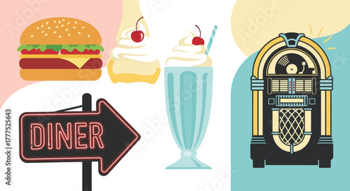 Retro Diner Food and Music Icons.