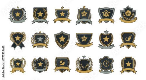 Collection of various shield-shaped emblems with star motifs and decorative elements.