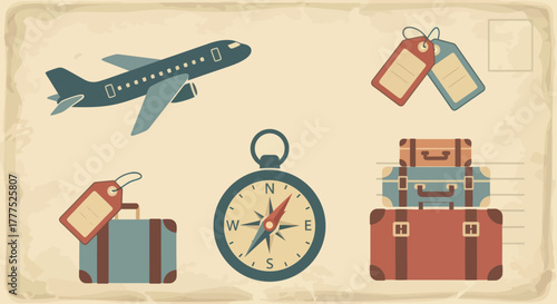 Vintage Travel Postcard with Airplane, Luggage, Compass, and Tags.