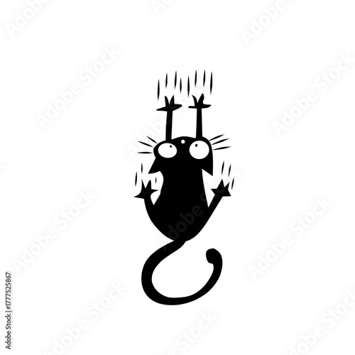 Funny black cartoon cat desperately hanging and scratching with wide eyes. Humorous, mischievous, and exaggerated feline drawing. Great for pet lovers and apparel.