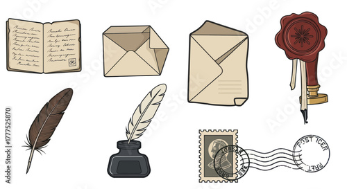 Vintage Correspondence Collection - Letters, Envelopes, Seals, and Writing Tools.