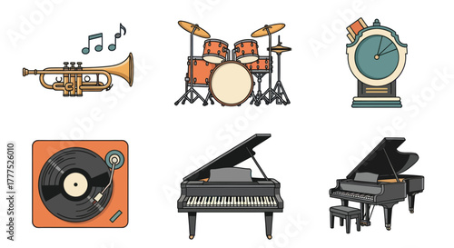 Set of isolated musical instruments and audio equipment illustrations.