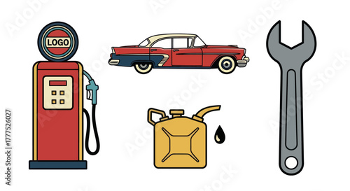 Vintage Automotive Service Icons - Gas Pump, Classic Car, Oil Can, and Wrench.