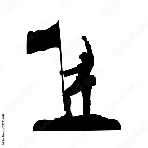 Triumphant black silhouette of a figure raising a fist and a flag on a mound. Symbolizes extreme victory, conquest, achievement, and powerful, historical success.