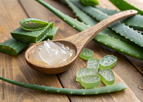 Aloe vera gel on a wooden spoon with fresh aloe vera leaves on a table, beneficial skin care ingredient
