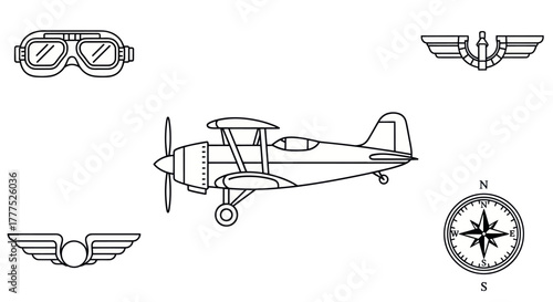 Vintage Biplane and Aviator Accessories Line Art Illustration.