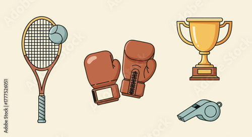 Sports equipment collection including tennis racket boxing gloves trophy and whistle.