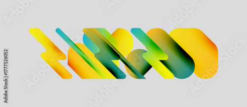 Abstract shapes overlap, creating vibrant color gradients. Yellows, greens dominate composition. Modern design, simple background.