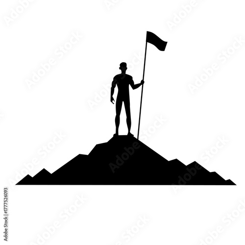 Black silhouette of a triumphant man standing on a mountain peak, planting a flag. Symbolizes success, goal achievement, conquest, and powerful determination.