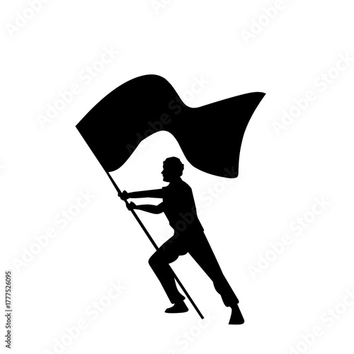 Black silhouette of a person running fiercely, holding a large, waving flag. Symbolizes leadership, protest, victory, and determination. Ideal for activism or sports.